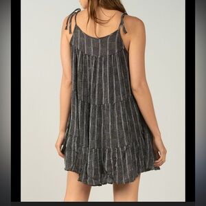 ELAN Black White Striped Tiered Mini Dress Adjustable Tie Straps Boho Size Small